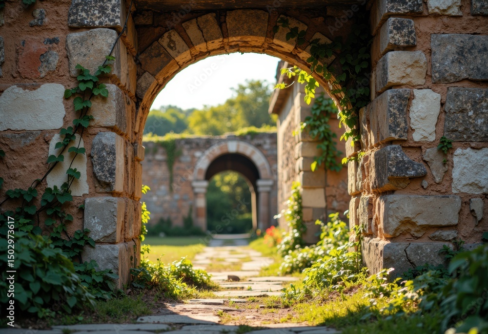 Fototapeta premium Stone archway leading to a lush garden with distant arches and greenery