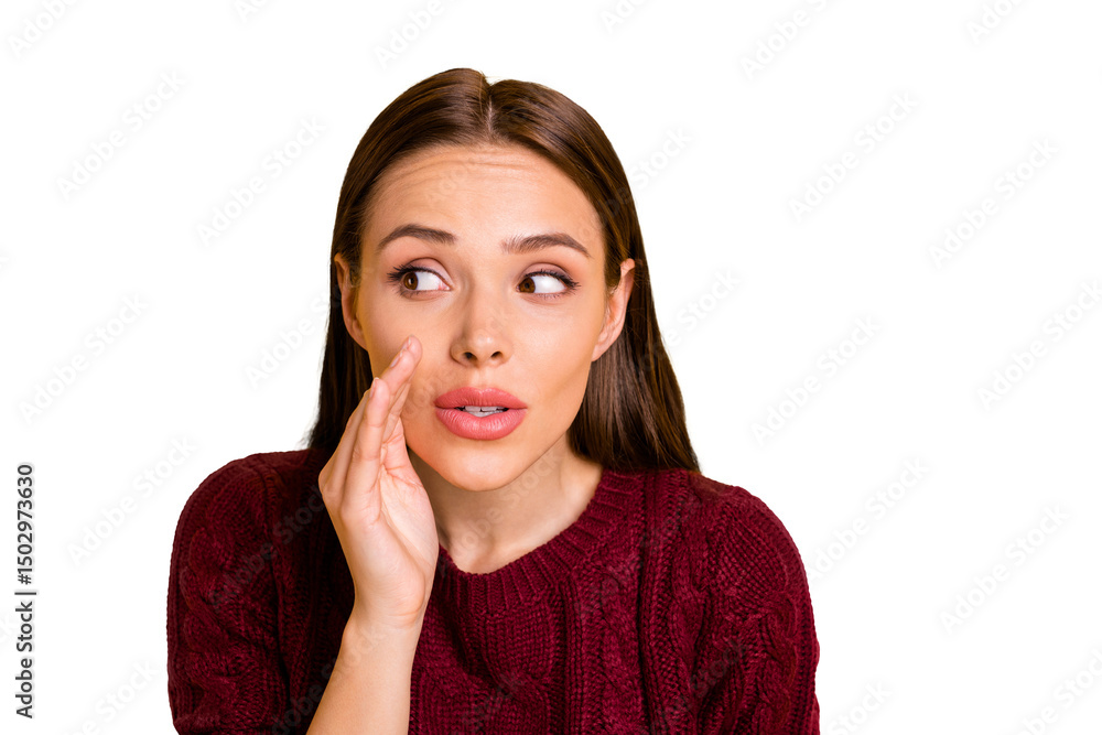 Close up photo of nice cute charming girlfriend whispering secrets to someone while isolated with yellow background Close up photo of nice cute charming girlfriend whispering secrets to someone while isolated with yellow background