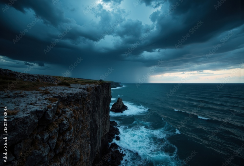 Obraz premium Dramatic seascape with dark clouds and crashing waves at the cliff's edge