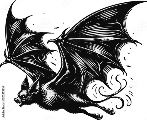Black vector of a flying bat with outstretched wings and sharp claws.