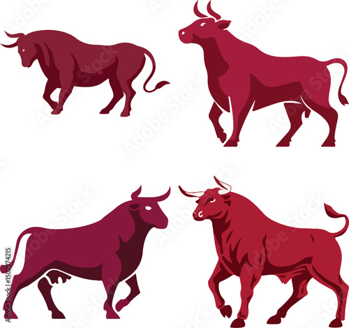 Powerful Bull Silhouettes Vector Illustration – Strong Animal Graphic Set