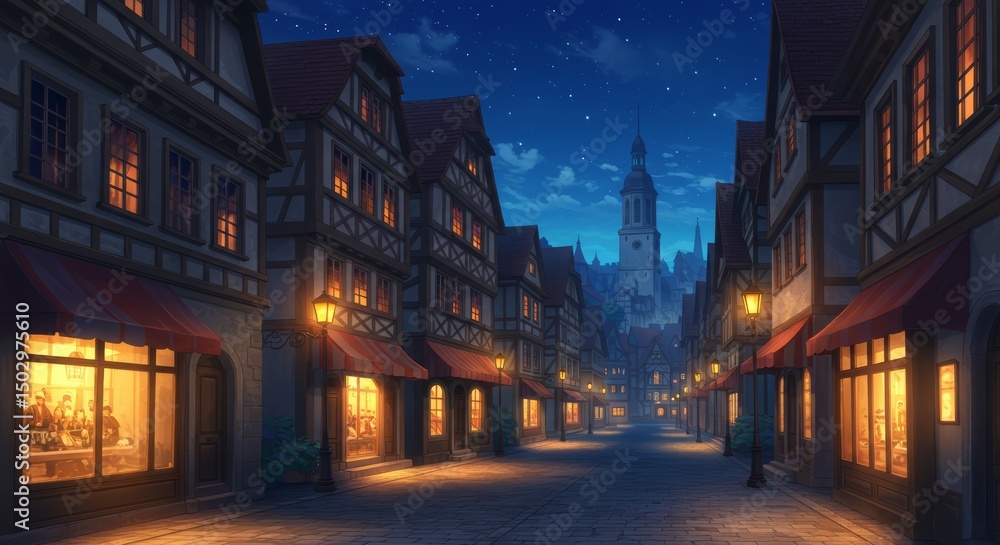 Fototapeta premium Enchanting Nighttime Vista of an Old European Town with Starry Sky and Glowing Lanterns
