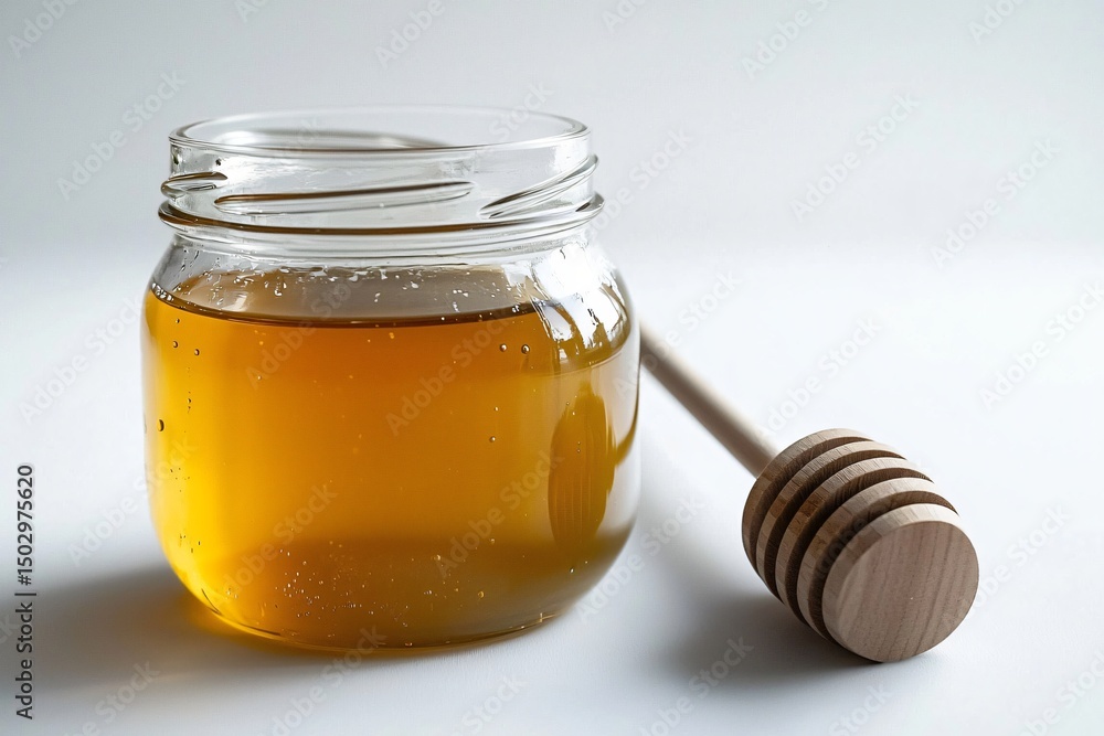 A clear glass jar filled with golden honey sits next to a wooden honey dipper on a plain white background, inviting thoughts of sweetness and natural goodness. A clear glass jar filled with golden honey sits next to a wooden honey dipper on a plain white background, inviting thoughts of sweetness and natural goodness.