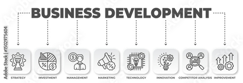 Business Development process visualized with conceptual icons representing strategy, investment, and innovation for long-term business expansion