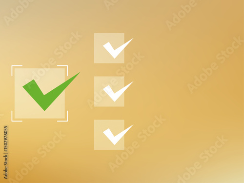 Graphic depiction showcasing task completion with a prominent green checkmark and subtle checklist design elements on a golden background