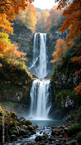 A picturesque image of a waterfall cascading down amidst autumnal trees, with a backdrop of mountains and a clear sky.