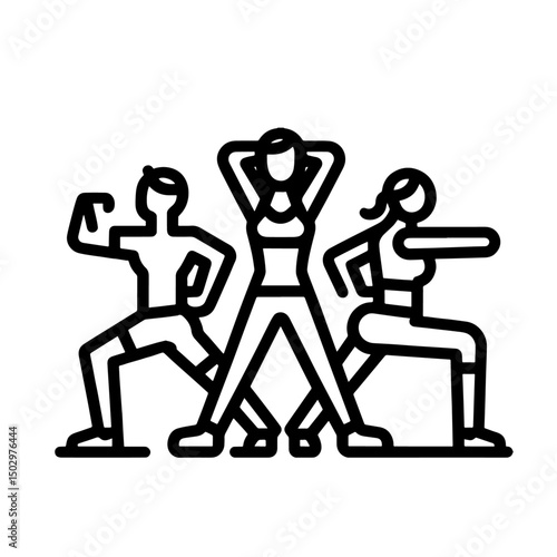 group workout icon, 3 people exercising, minimal outline, transparent background