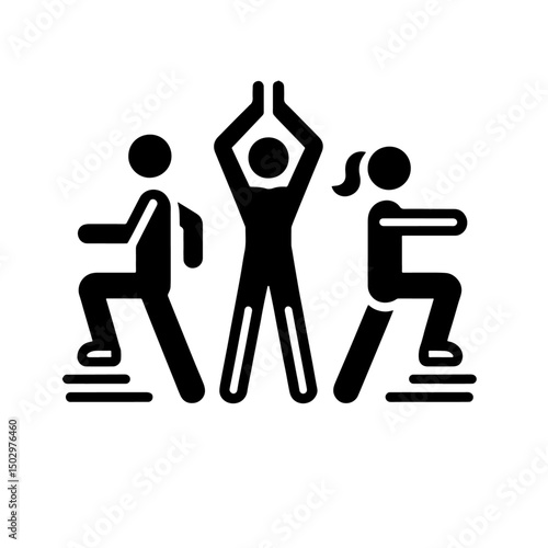 group workout icon, 3 people exercising, minimal outline, transparent background