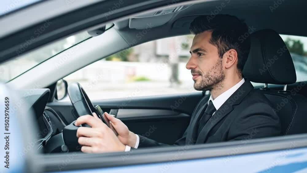 Elegant Entrepreneur Manages Business on the Road with Modern Car and Mobile Technology Elegant Entrepreneur Manages Business on the Road with Modern Car and Mobile Technology