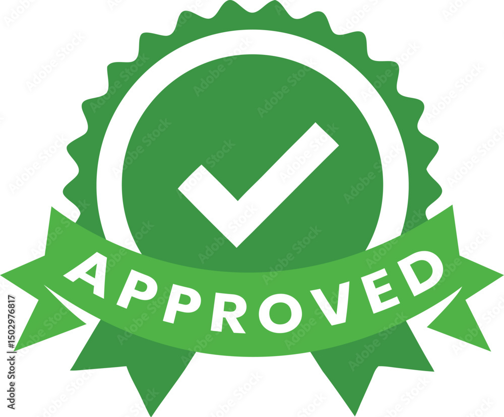 Green Approved Badge with Check Mark and Ribbon for Certification Green Approved Badge with Check Mark and Ribbon for Certification