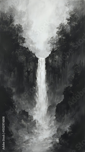 A dramatic black and white painting depicting a waterfall cascading down a steep cliff, surrounded by dense foliage.