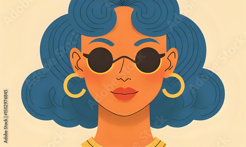 Calm Woman with Blue wavy Hair, Sunglasses, and Gold Hoop Earrings - artwork design