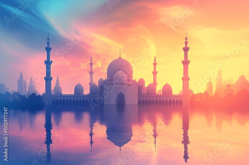 Majestic Mosque Reflecting in Sunset Waters