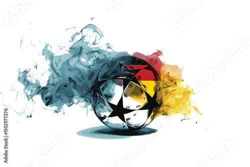 A 3D rendering of a football or  soccer ball with flowing fire particles trail on a white background.