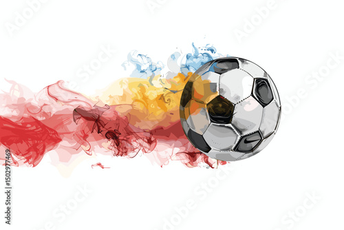 A 3D rendering of a football or  soccer ball with flowing fire particles trail on a white background.