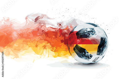 A 3D rendering of a football or  soccer ball with flowing fire particles trail on a white background.