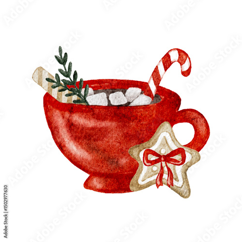Watercolor Christmas warm drink with marshmallows, candy cane, and festive cookie displayed. Vector illustration