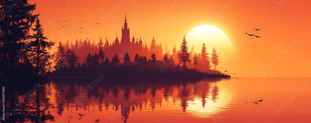 Obraz premium Sunset castle island lake reflection
