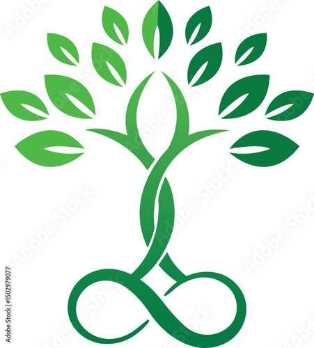 A stylized green tree with intertwining trunk forming an infinity symbol, symbolizing growth, sustainability, and eternal life. Ideal for eco, wellness, or nature-themed concepts.