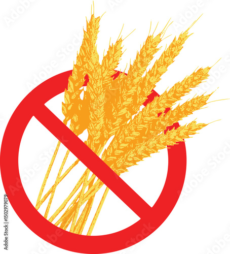Bold graphic showing wheat bundle struck through — symbol of gluten restriction in health-conscious or dietary branding. A graphic depicting a bundle of wheat stalks (Triticum spp.) in yellow.