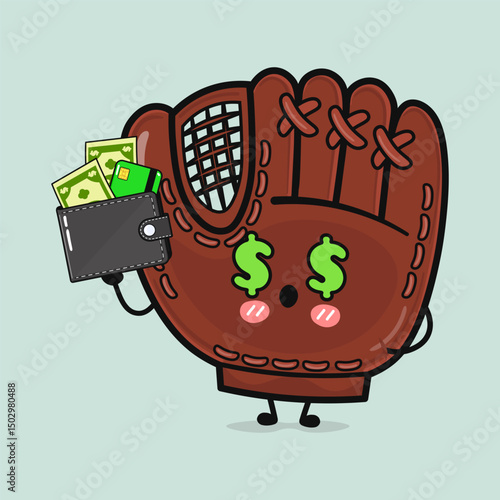 Adorable Baseball Glove character with dollar eyes and a wallet full of money.