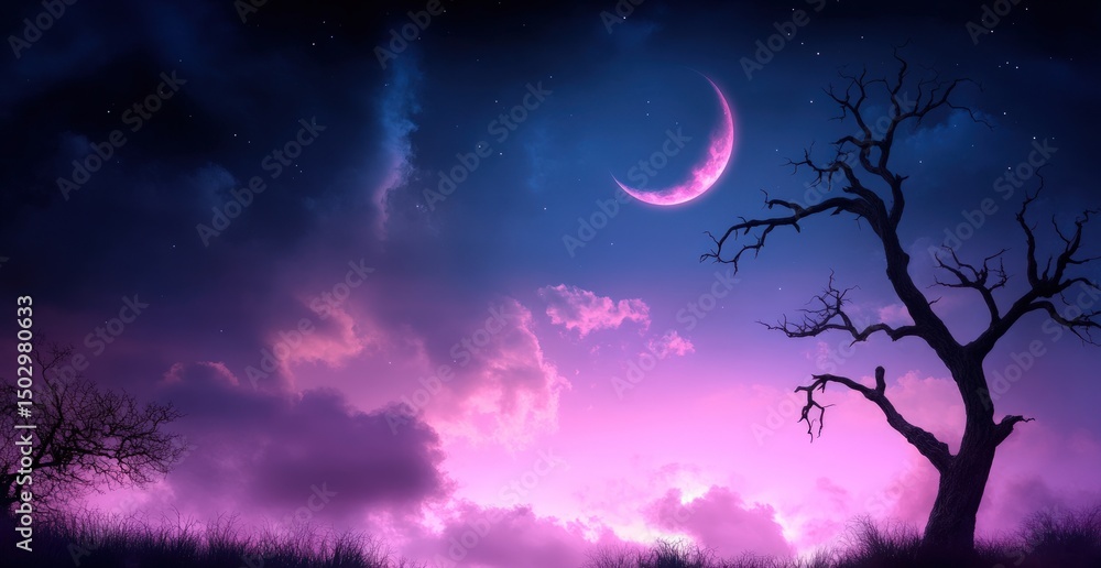 Naklejka premium Night sky with crescent moon silhouette tree cloudscape in purple and blue tones