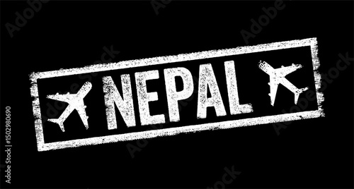 Nepal - is a landlocked country in South Asia, text emblem stamp with airplane