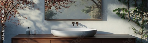 Modern bathroom, nature art, sunlight