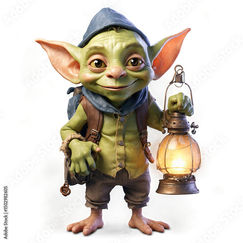 A whimsical 3D-rendered goblin, possibly male, with large ears and a backpack, holds a glowing lantern. The character's expression is friendly and curious, creating a charming and adventurous mood.