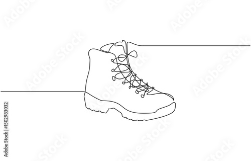 Boot in continuous line art drawing style. Weather resistant high shoes minimalist black linear sketch, Leather Shoes Outline Icon Illustration on Isolated White Background Suitable for Footwear.