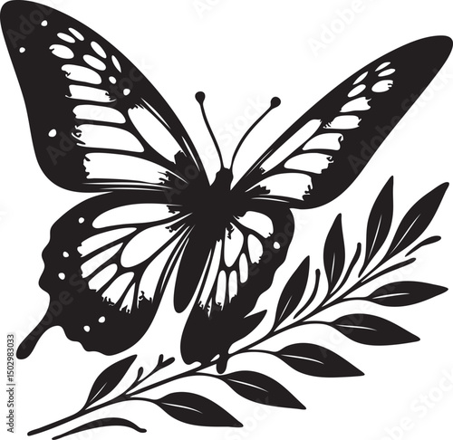 Flying Butterfly Silhouette with Decorative Wings – Vector Illustration