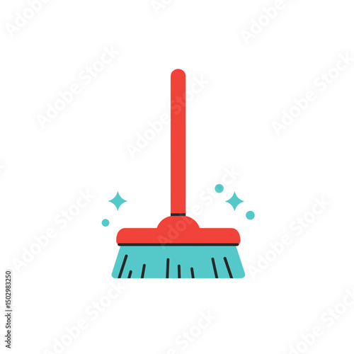 Colorful cleaning broom icon with sparkling effect on a white background  
