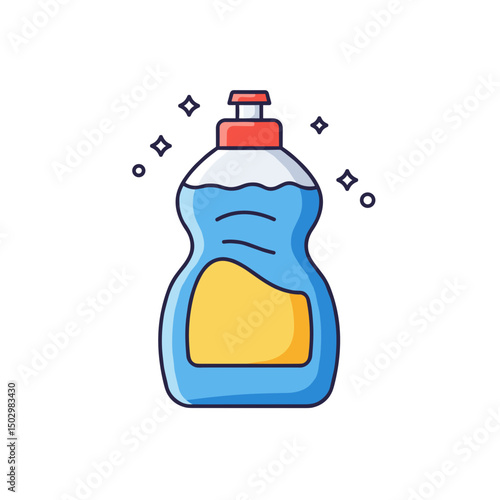 Blue dish soap bottle icon with sparkling effect for cleaning concept  