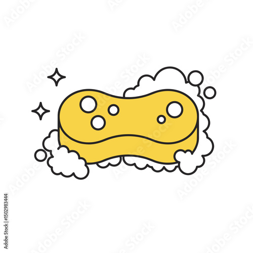 Yellow sponge icon with bubbles representing cleaning concept  