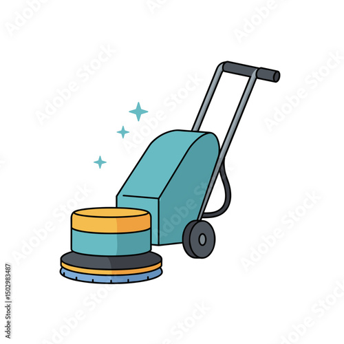 Cleaning machine, floor polisher machine icon with round brush and sparkles on a white background  
