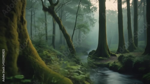 Misty Forest with Moss-Covered Trees and Flowing Stream in Morning Light