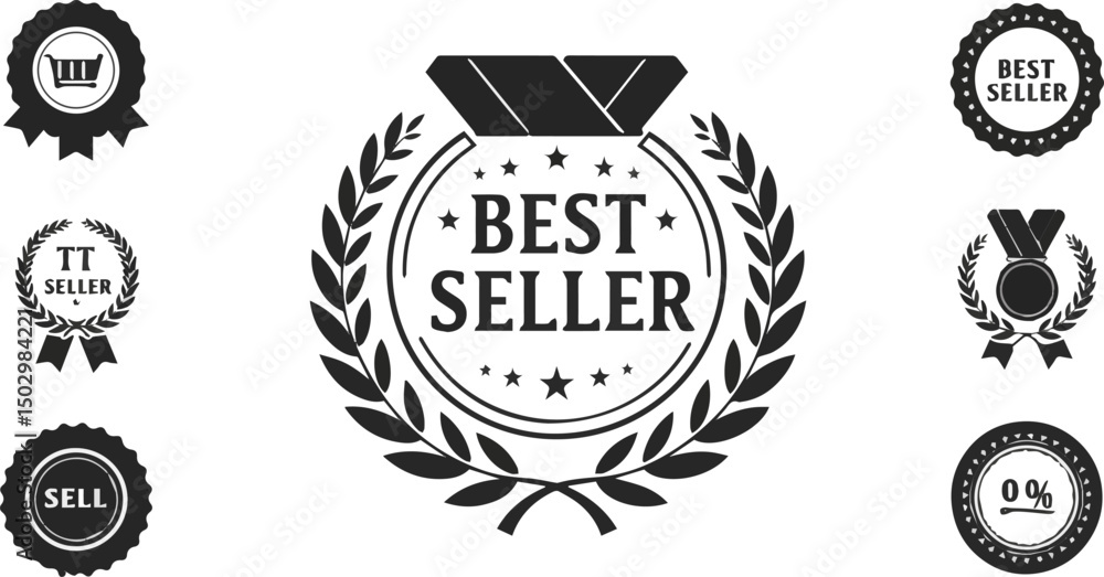 Obraz premium Create a Best Seller icon sign with laurel and medal vector icon, seller symbol isolated on black background, sell business concept