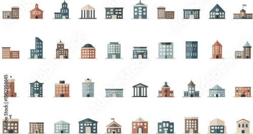 Create a idling's icon set, skyscraper, Architecture buildings icon. Hospital, town house, museum. Bank, Hotel, Courthouse. City, Real estate symbol, Vector illustration color with white background.