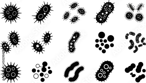 Create a kinds of bacteria icon set, Virus, Colony of Bacteria, microbiology sign, vector illustration silhouette with white background.