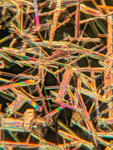 Fotografía Needle-like crystals under polarized microscope showing vivid birefringence