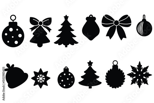 Black Christmas Silhouette Icons Set – Holiday Decorations, Ornaments, Trees, and Bows Vector Collection