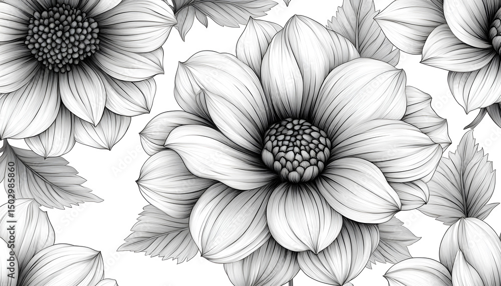 Seamless pattern with hand-drawn dahlia flowers. floral seamless pattern with hand-drawn dahlias. Line art floral elements seamless pattern. Background with drawn outline foliage natural leaves herbs. Seamless pattern with hand-drawn dahlia flowers. floral seamless pattern with hand-drawn dahlias. Line art floral elements seamless pattern. Background with drawn outline foliage natural leaves herbs.