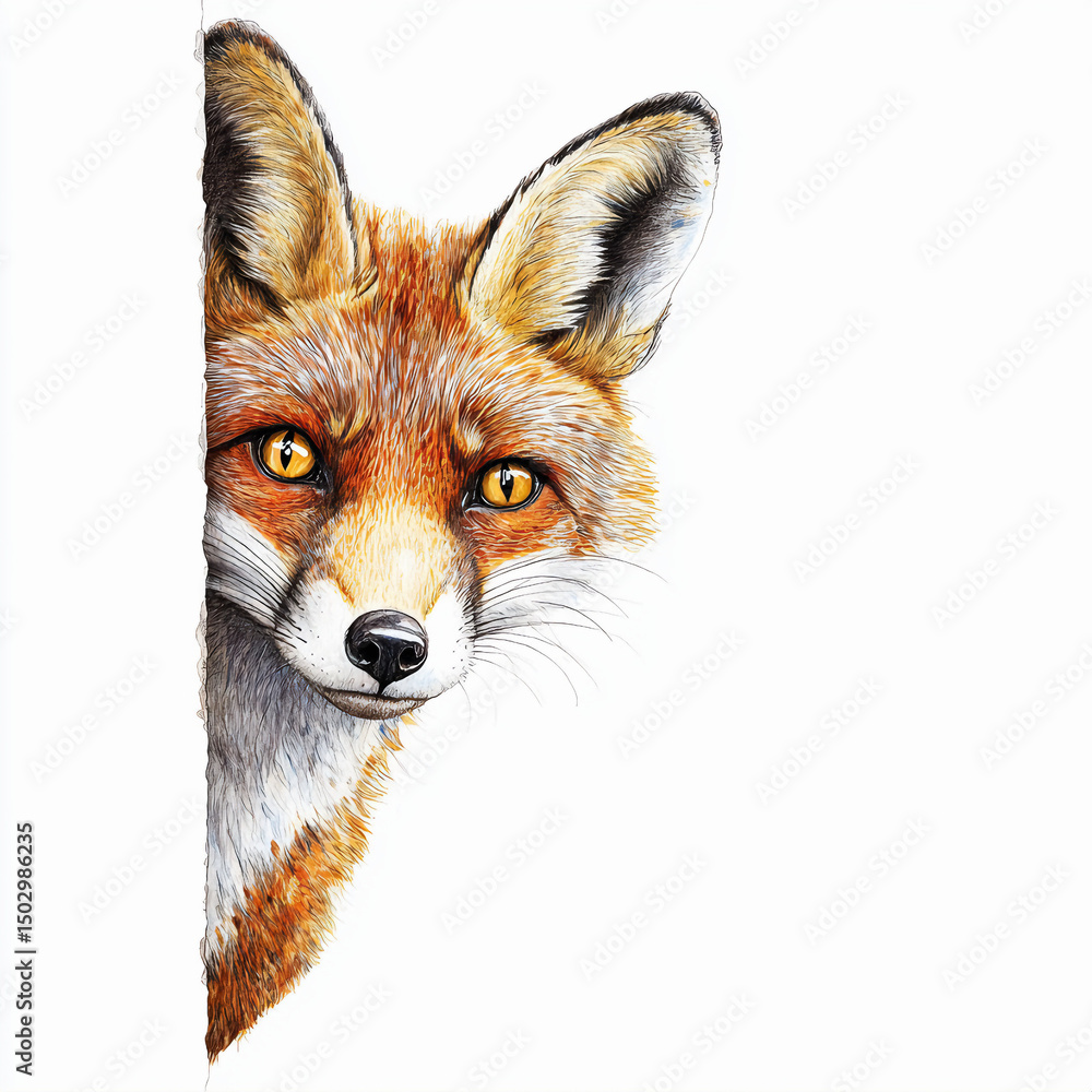 Obraz premium Whimsical funny portrait of a red fox, vulpes peeking from the corner, door or window isolated. Red fox peeking as a surprise visit 