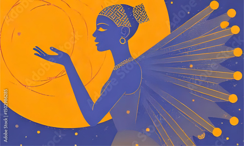 Mystical Woman with Wings and Moon - Stylized Flat Illustration