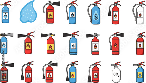 Create a kinds of fire extinguisher icon, vector Illustration vector Illustration color with white background .