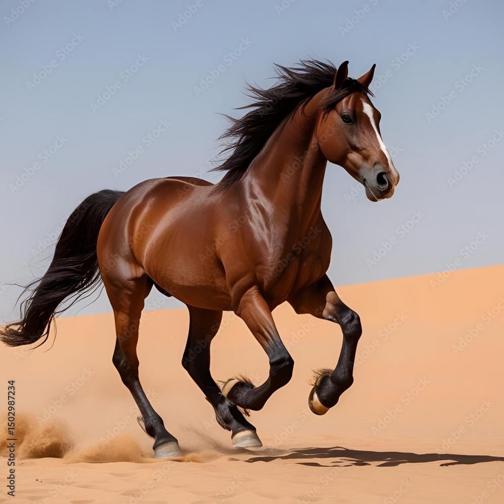 A majestic Arabian horse gallops through the desert, its mane and tail flapping in the wind. A majestic Arabian horse gallops through the desert, its mane and tail flapping in the wind.