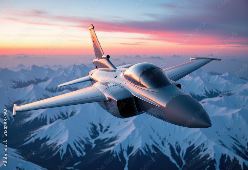 Obraz premium A sleek fighter jet soaring above majestic snow-capped mountains at sunset