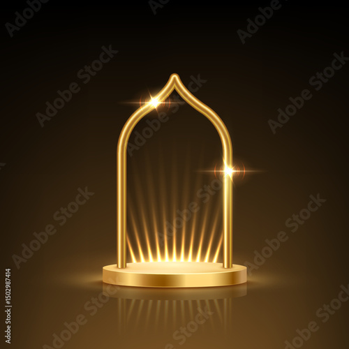 Golden podium with Islamic arch on black background. 3d empty gold award platform with glowing Muslim frame and glowing light rays. Abstract vector illustration.