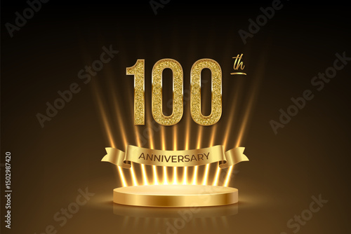 Hundredth anniversary gold award podium. 100 years celebration birthday or jubilee vector background. Luxury stage with glowing rays, glittering number 100 and ribbon with text anniversary on black.