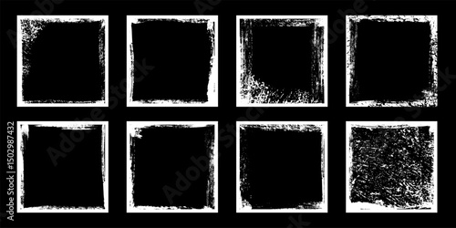 White frames with worn paper effect on black background. Textured squares with old, grunge, grainy, vintage, worn, dust effect. Simple object mockup. Realistic vector illustrations set.